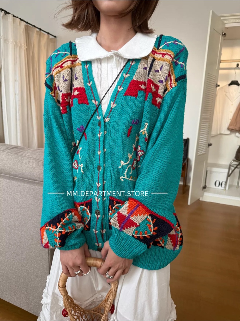 NWT Hand Knit Vintage style Silk Blend Patterned V-Neck Cardigan Size S